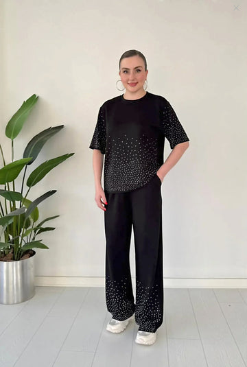 Women’s Black Co-ord Set with White Diamond | Casual & Party Wear