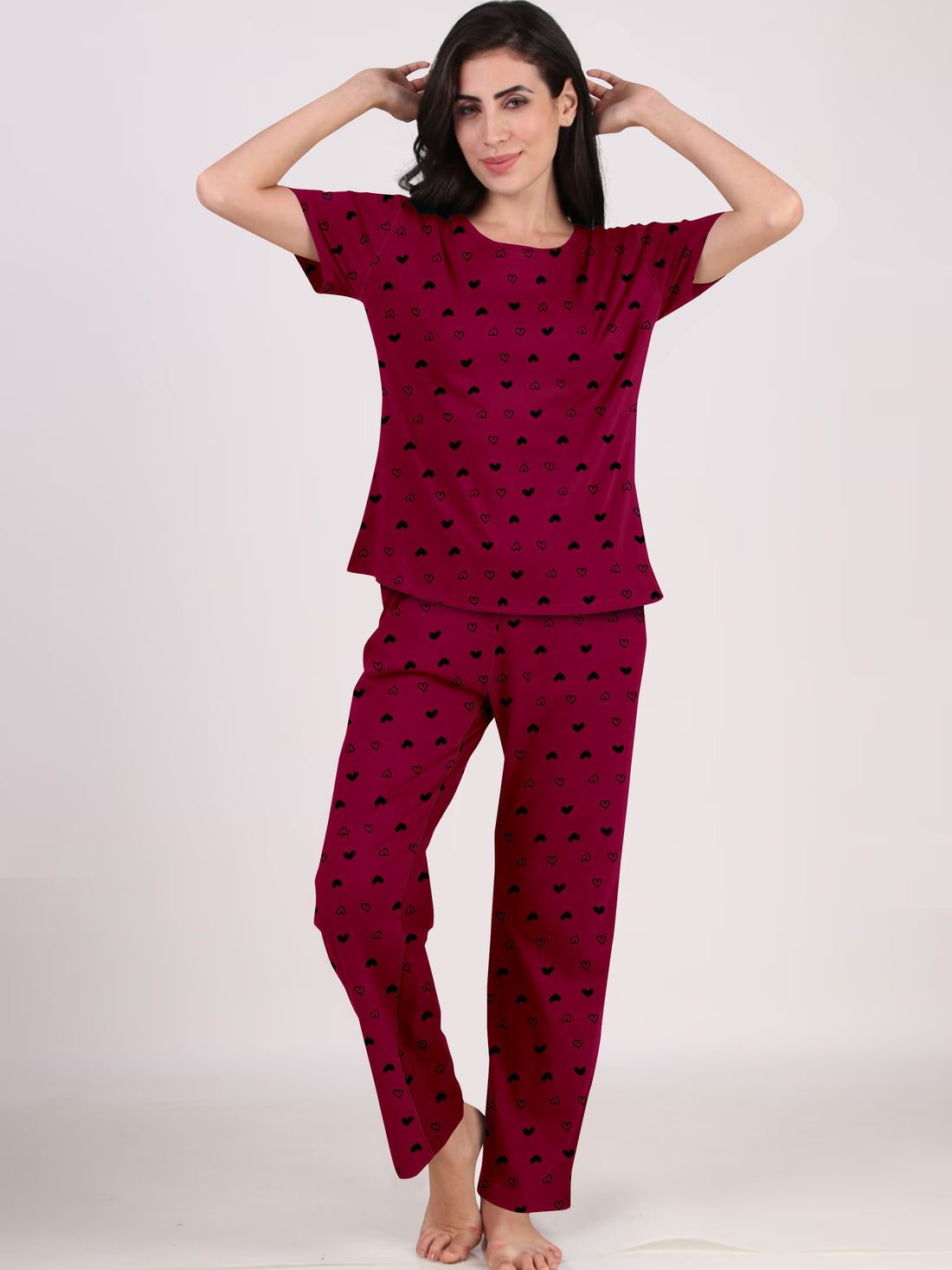Women's And Girl's Cotton Heart Printed Maroon Night Suit Set of T-Shirt & Pyjama.