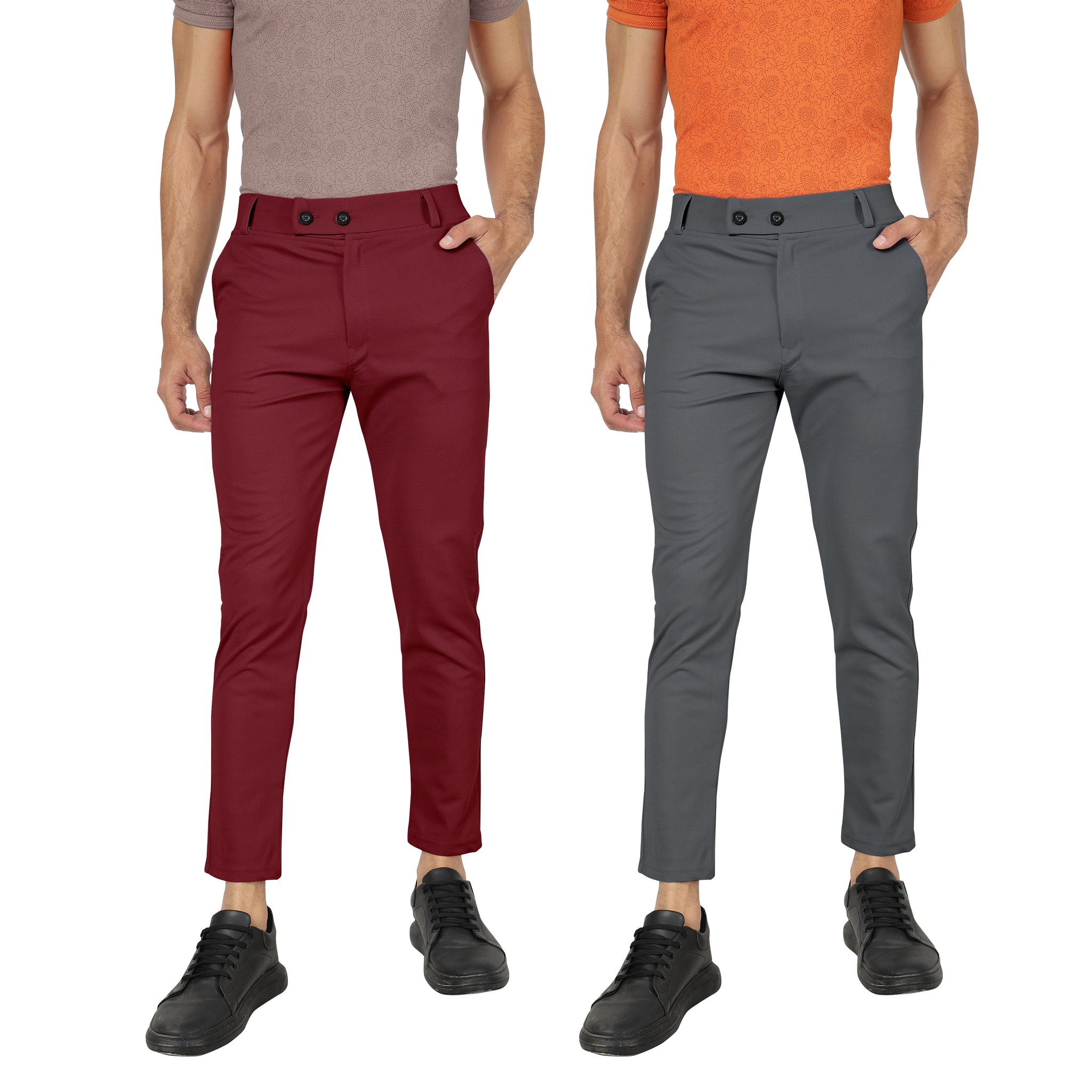 Combo Pack Of 2 Maroon And Dark Grey Lycra Stretchable Formal Stylish Slim Fit Trousers.