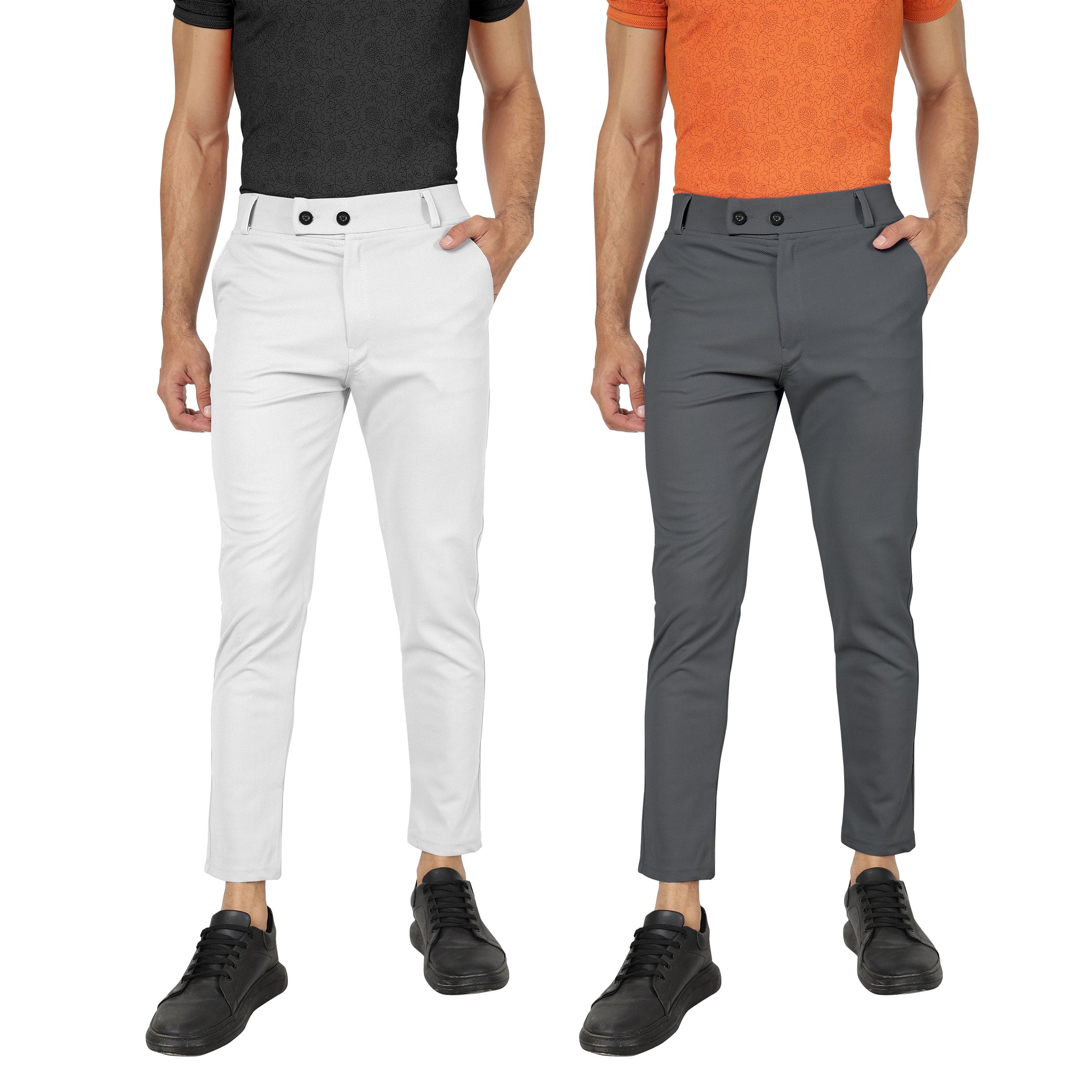 Combo Pack Of 2 White And Dark Grey Lycra Stretchable Formal Stylish Slim Fit Trousers.