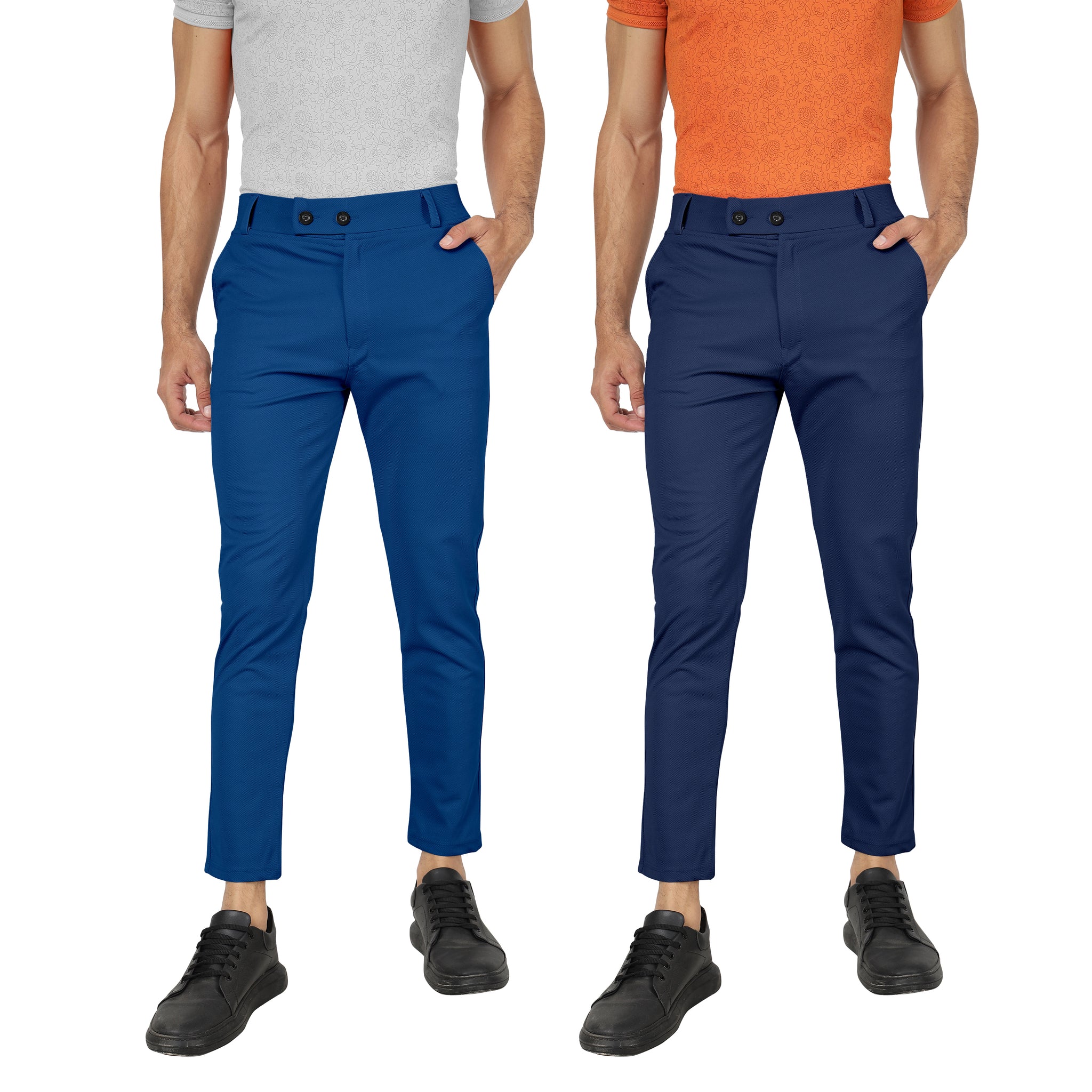 Combo Pack Of 2 Teal Blue And Blue Lycra Stretchable Formal Stylish Slim Fit Trousers.