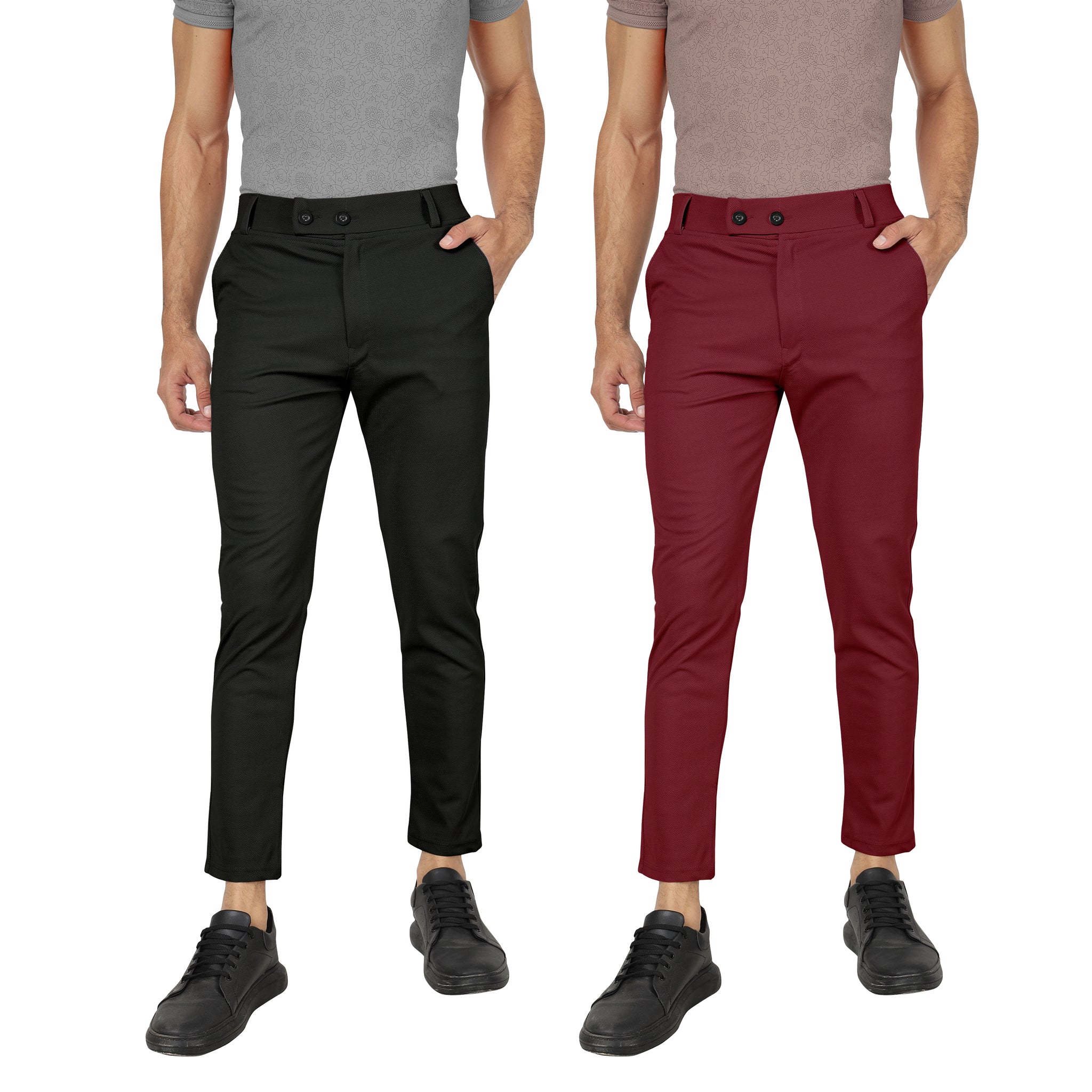 Combo Pack Of 2 Black And Maroon Lycra Stretchable Formal Stylish Slim Fit Trousers.