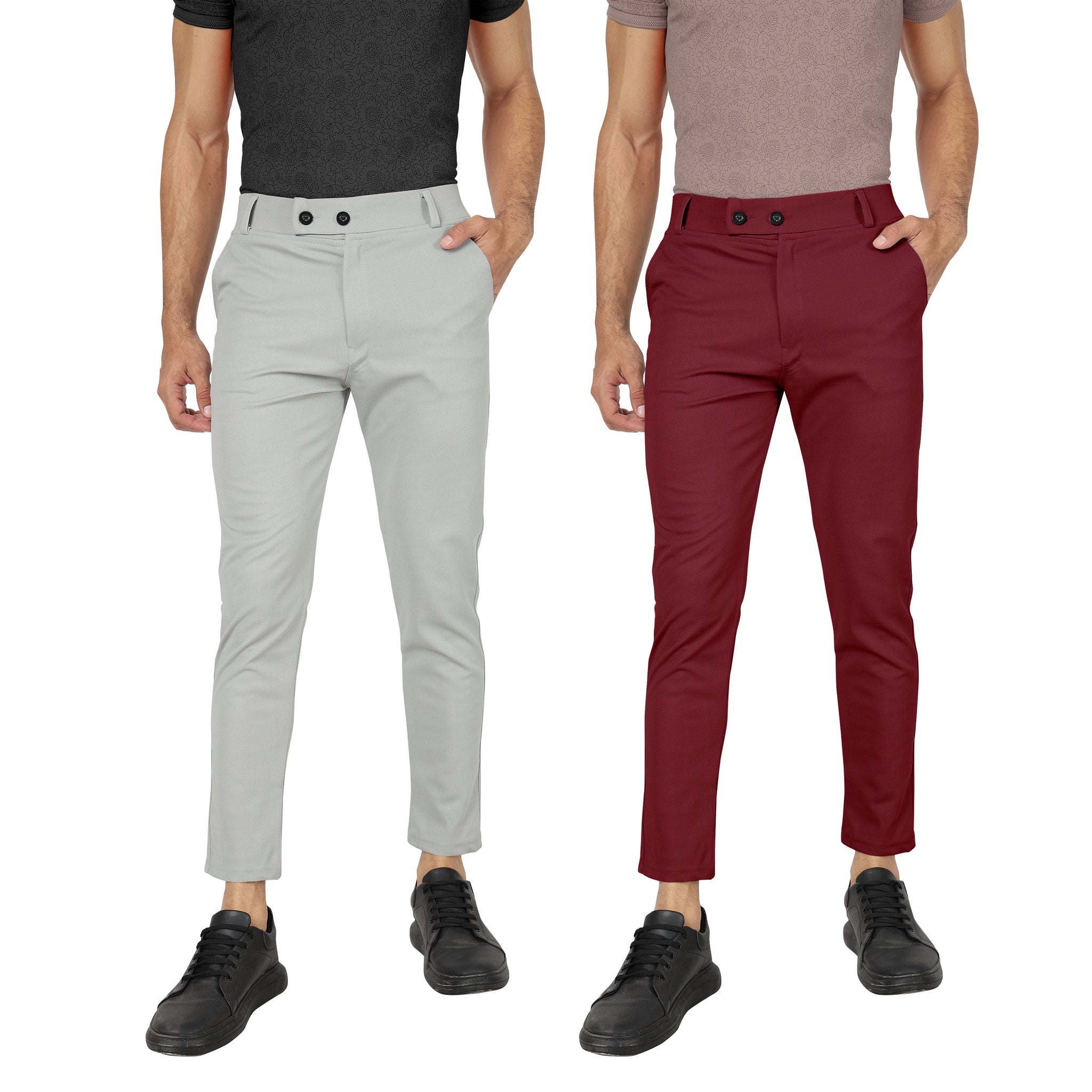 Combo Pack Of 2 Light Grey And Maroon Lycra Stretchable Formal Stylish Slim Fit Trousers.