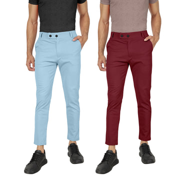 Combo Pack Of 2 Sky And Maroon Lycra Stretchable Formal Stylish Slim Fit Trousers.