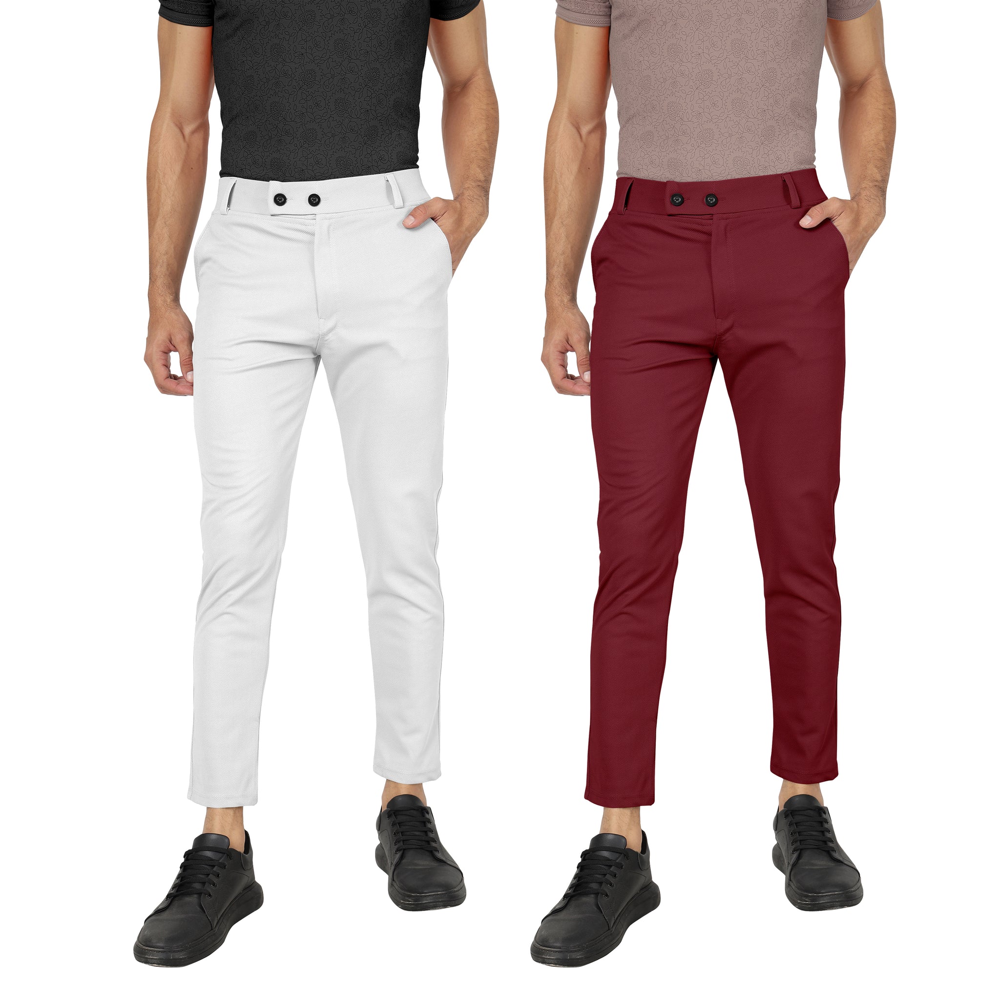 Combo Pack Of 2 White And Maroon Lycra Stretchable Formal Stylish Slim Fit Trousers.