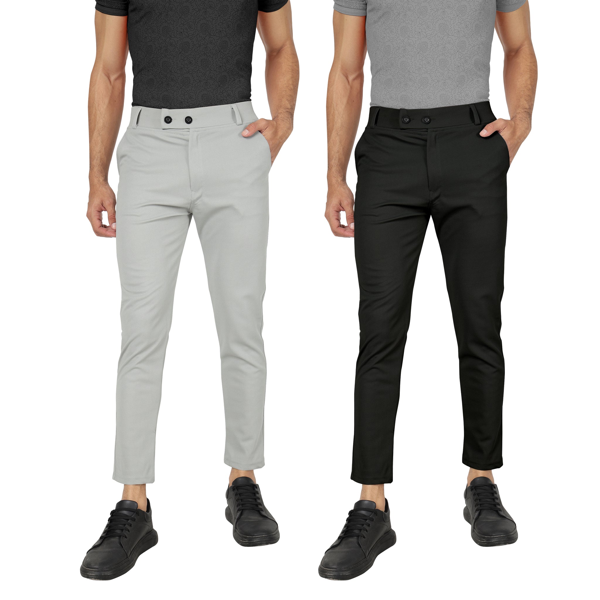 Combo Pack Of 2 Light Grey And Black Lycra Stretchable Formal Stylish Slim Fit Trousers.