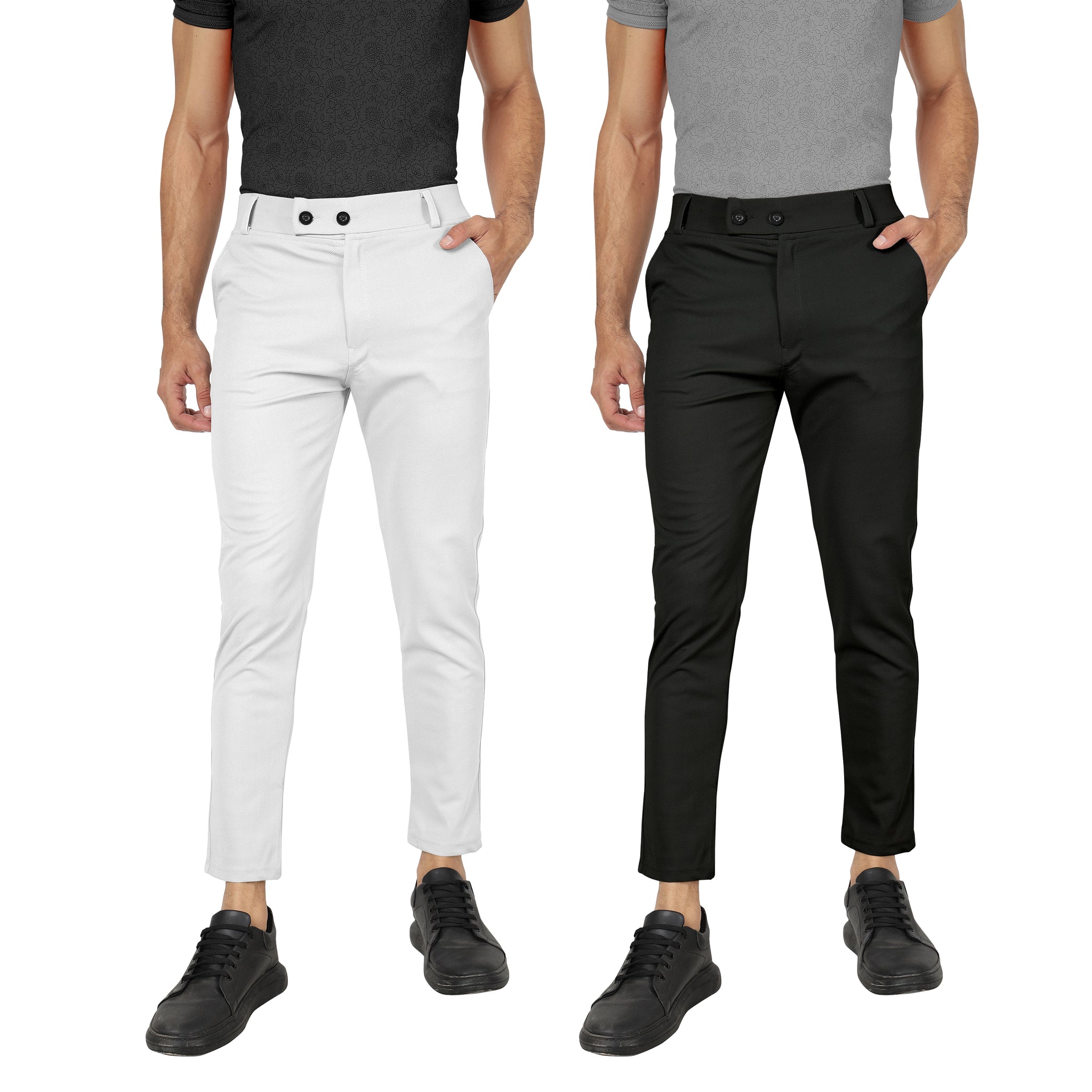 Combo Pack Of 2 White And Black Lycra Stretchable Formal Stylish Slim Fit Trousers.