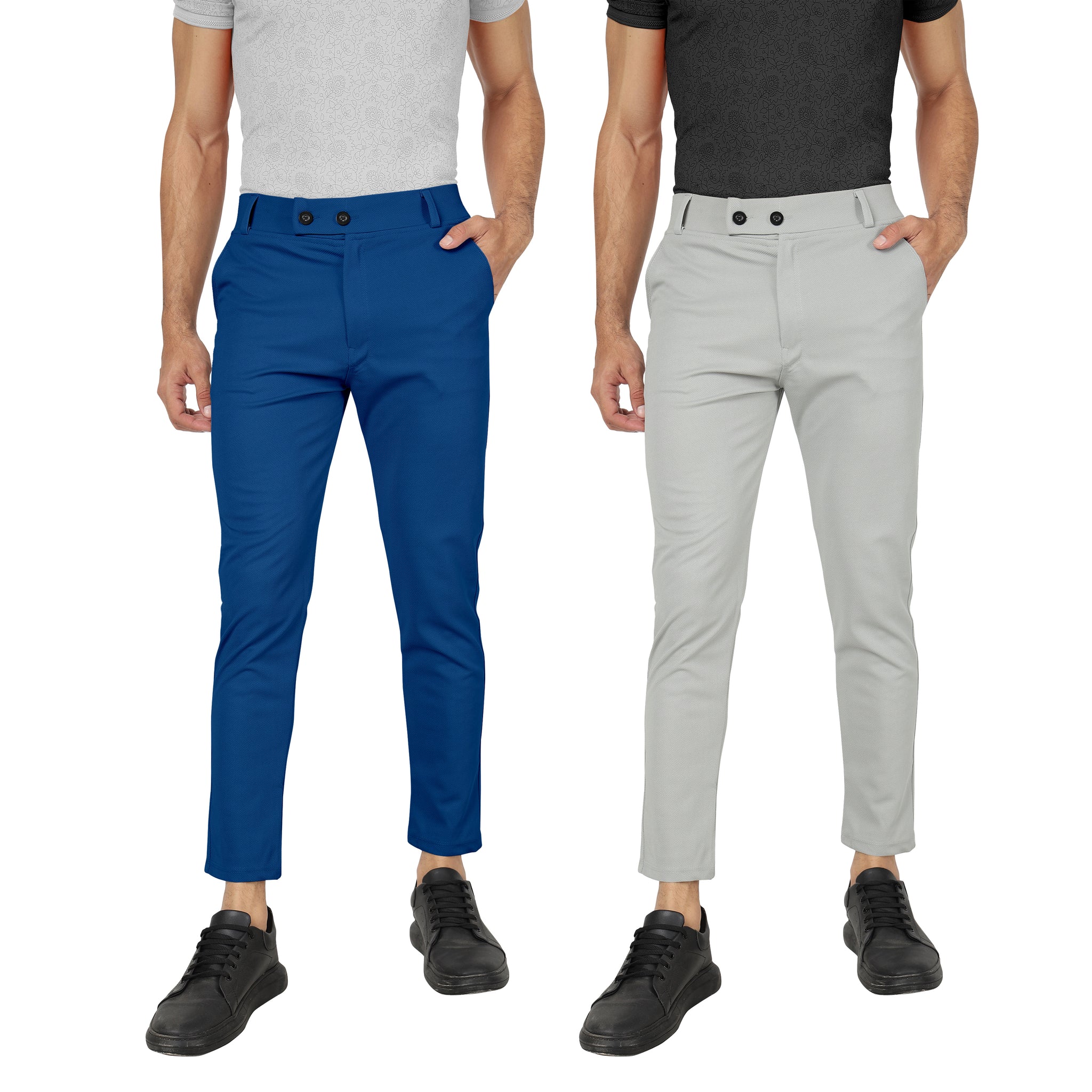 Combo Pack Of 2 Teal Blue And Light Grey Lycra Stretchable Formal Stylish Slim Fit Trousers.