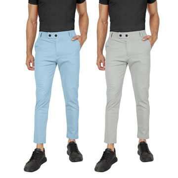 Combo Pack Of 2 Sky And Light Grey Lycra Stretchable Formal Stylish Slim Fit Trousers.