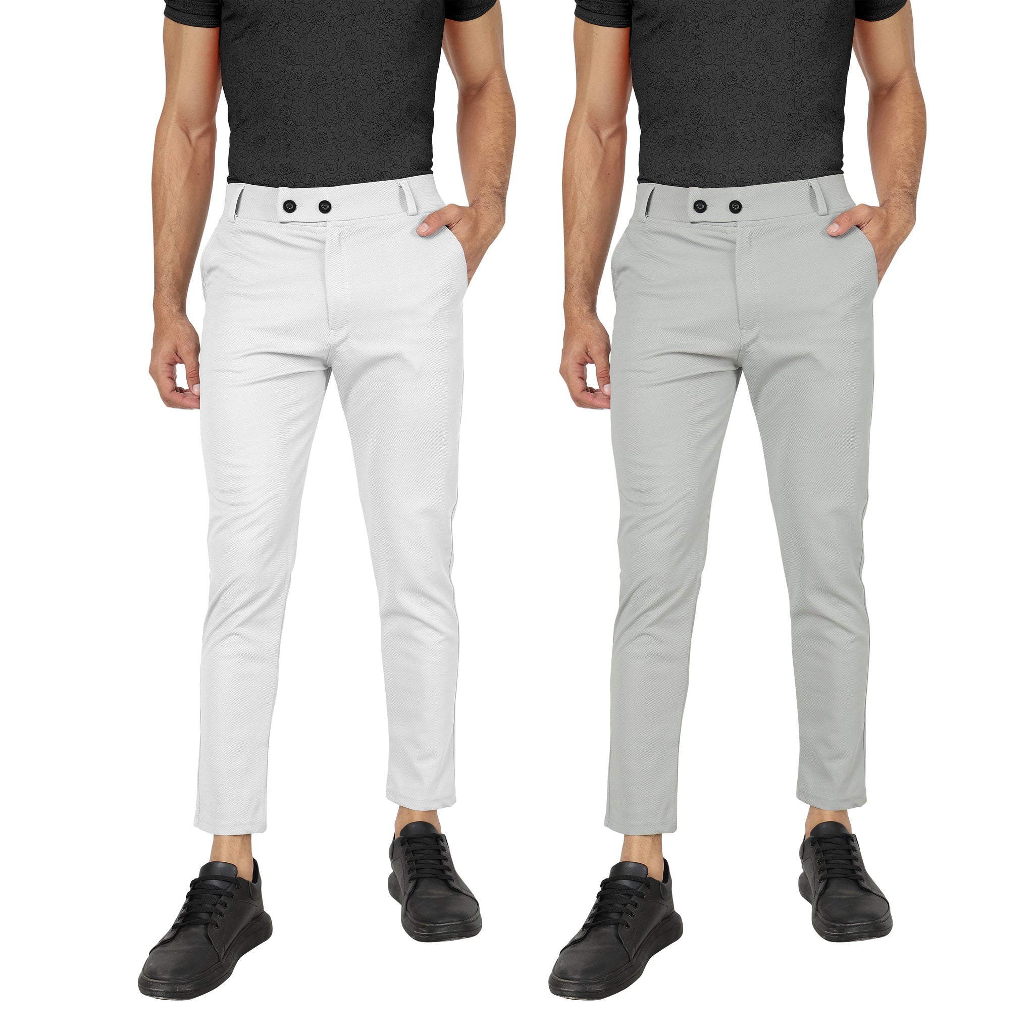 Combo Pack Of 2 White And Light Grey Lycra Stretchable Formal Stylish Slim Fit Trousers.