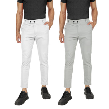 Combo Pack Of 2 White And Light Grey Lycra Stretchable Formal Stylish Slim Fit Trousers.
