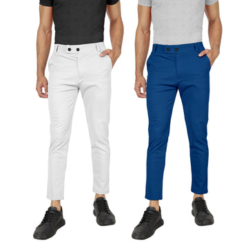 Combo Pack Of 2 White And Teal Blue Lycra Stretchable Formal Stylish Slim Fit Trousers.