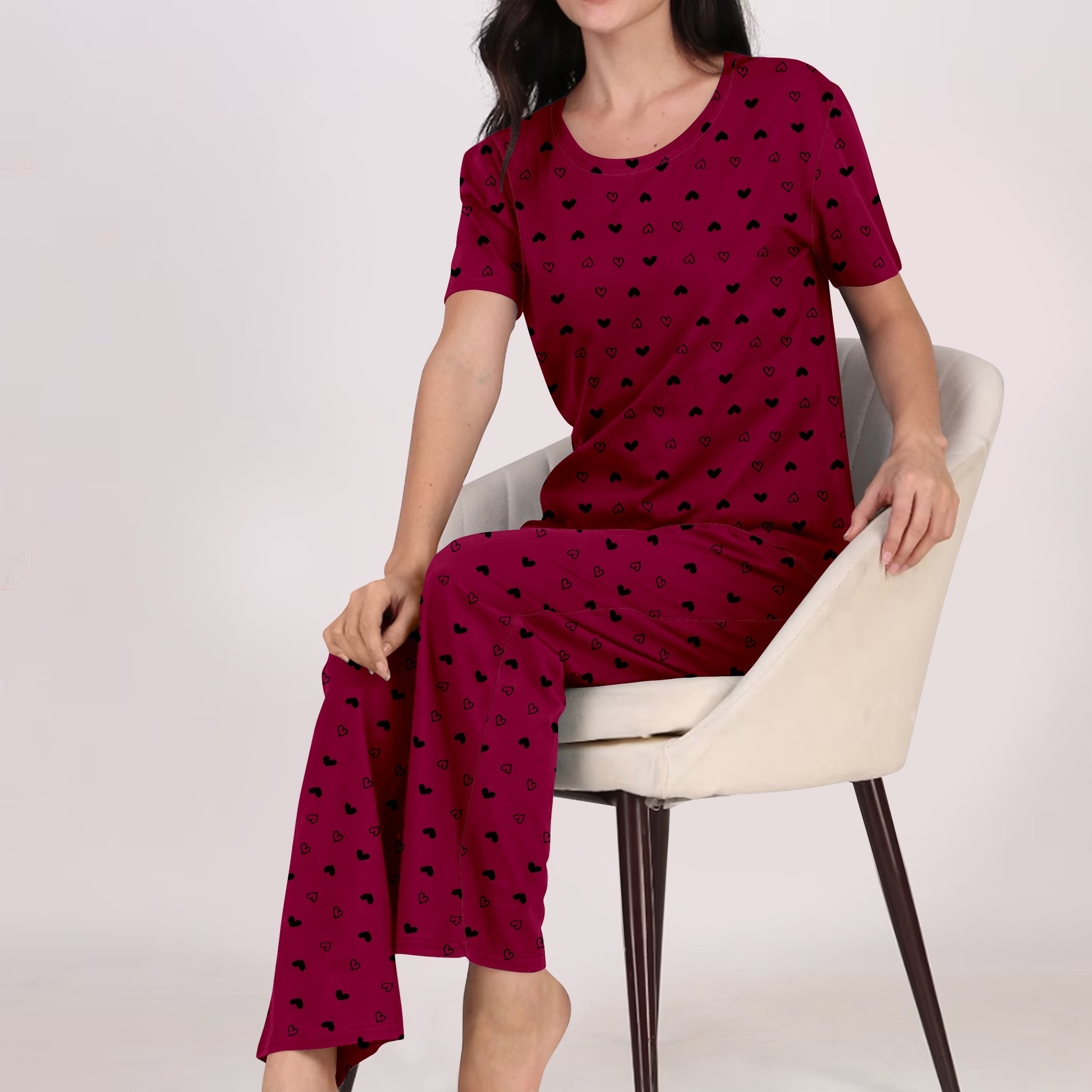 Women's And Girl's Cotton Heart Printed Maroon Night Suit Set of T-Shirt & Pyjama.