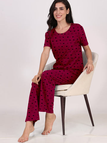 Women's And Girl's Cotton Heart Printed Maroon Night Suit Set of T-Shirt & Pyjama.