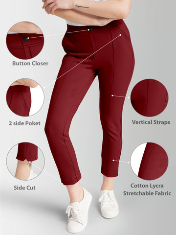 Women's Maroon Skinny Fit High Rise Clean Look Regular Length Stretchable Trouser.Track Pant.Jogger.Pant.Body Fit Pent.Formal Trouser.