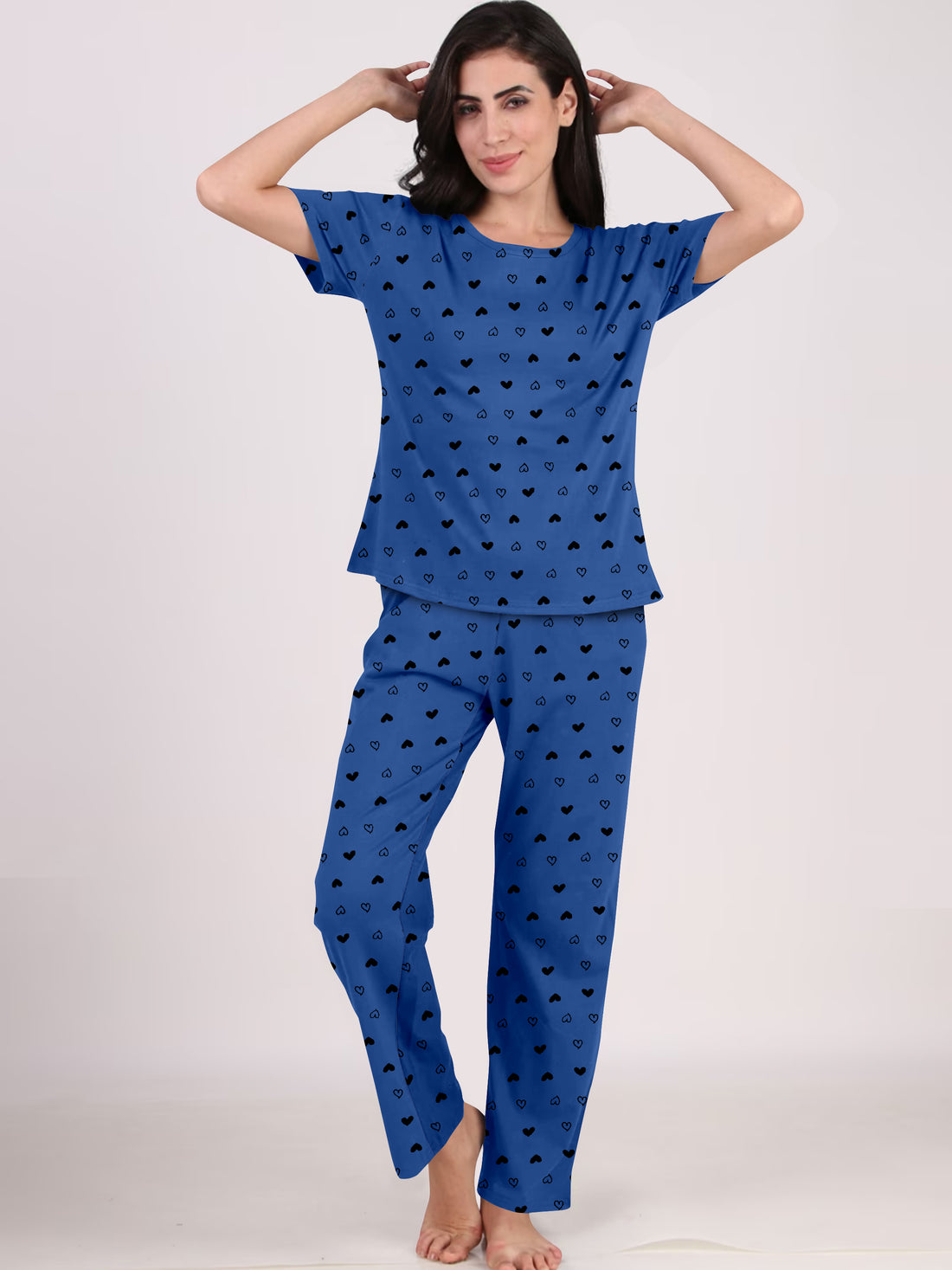 Women's And Girl's Cotton Heart Printed Blue Night Suit Set of T-Shirt & Pyjama.