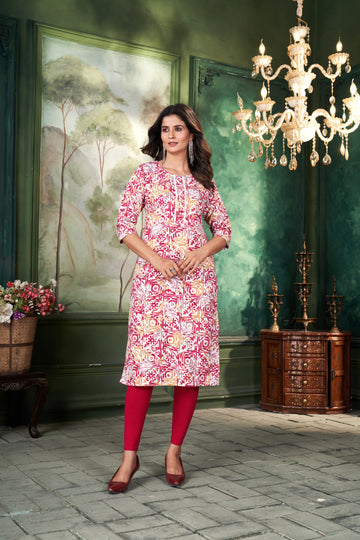 Women Printed Pink Cotton Kurti.