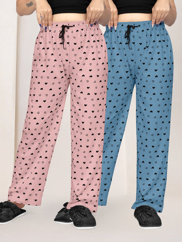 Women Printed Regular Fit Pyjamas(Pink/Sky Blue)(Pack Of 2)