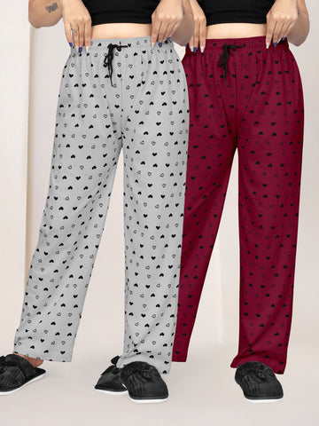 Women Printed Regular Fit Pyjamas(Grey/Maroon)(Pack Of 2)