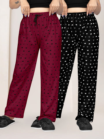 Women Printed Regular Fit Pyjamas(Maroon/Black)(Pack Of 2)