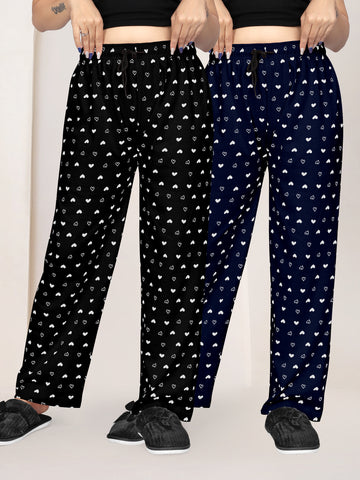 Women Printed Regular Fit Pyjamas(Black/Navy Blue)(Pack Of 2)