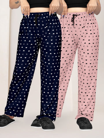 Women Printed Regular Fit Pyjamas(Navy Blue/Baby Pink)(Pack Of 2)