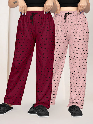 Women Printed Regular Fit Pyjamas(Maroon/Baby Pink)(Pack Of 2)