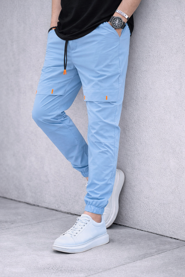 Men’s Trendy Cargo Jogger Pants – Sky Blue with Orange Detail