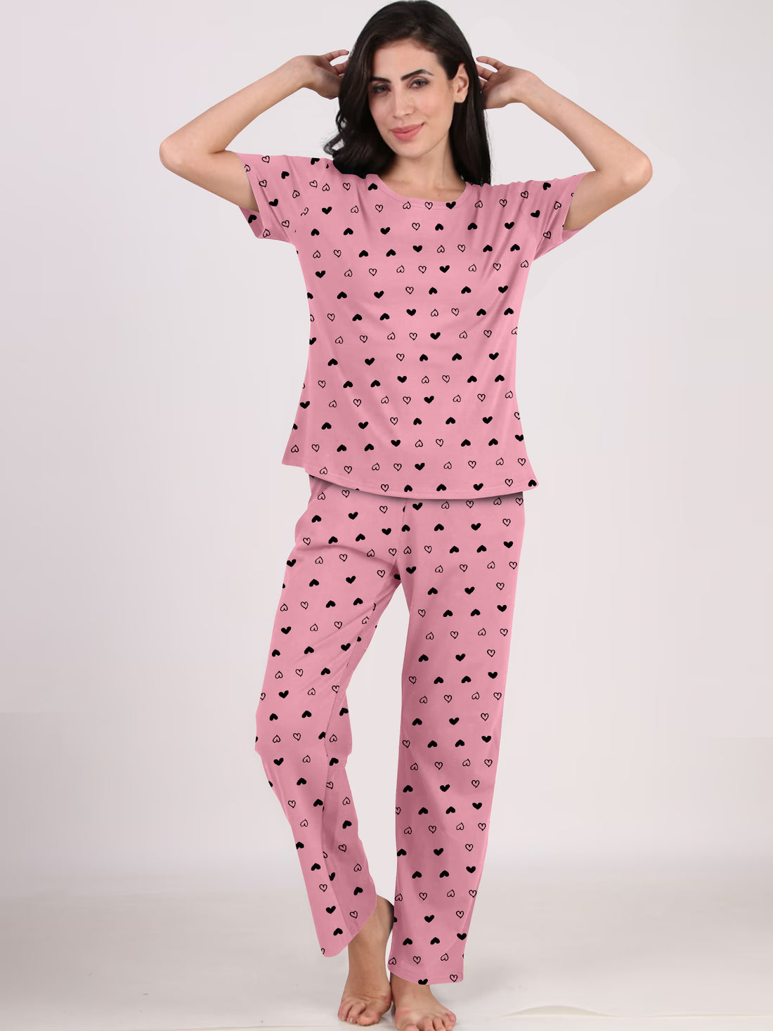 Women's And Girl's Cotton Heart Printed Baby Pink Night Suit Set of T-Shirt & Pyjama.