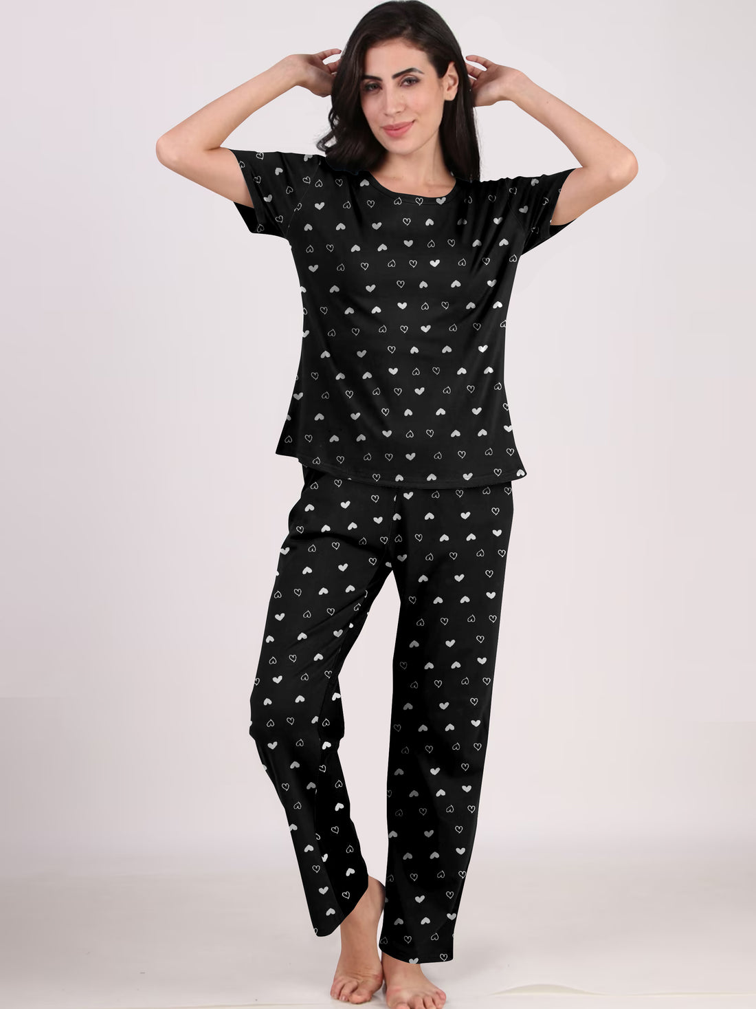 Women's And Girl's Cotton Heart Printed Black Night Suit Set of T-Shirt & Pyjama.