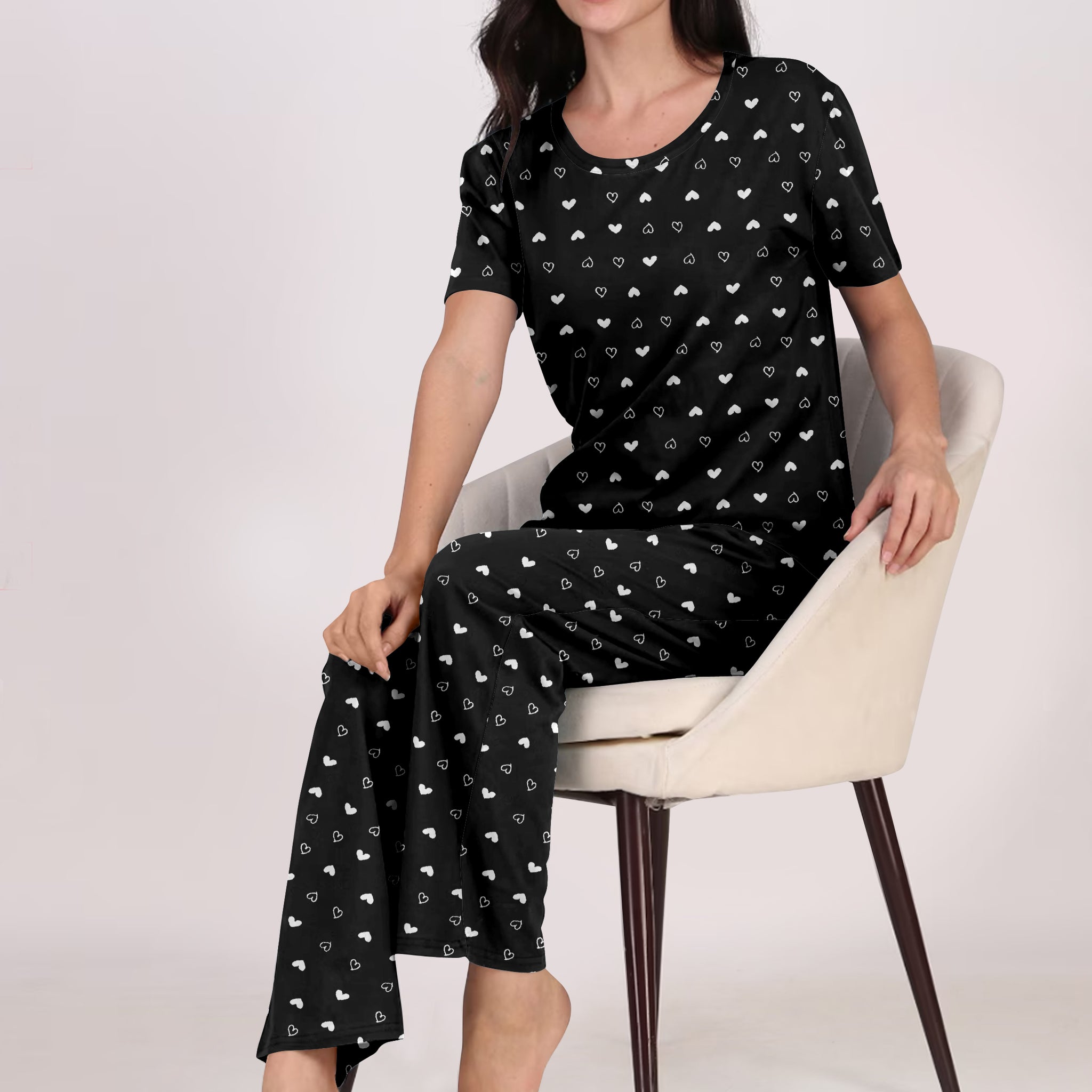 Women's And Girl's Cotton Heart Printed Black Night Suit Set of T-Shirt & Pyjama.