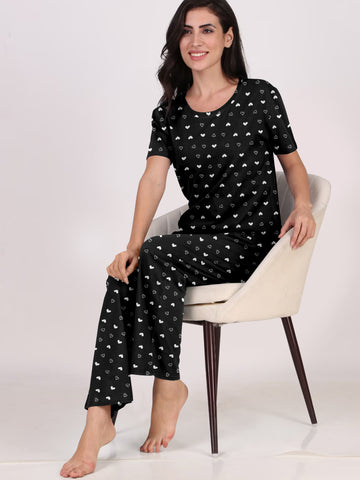 Women's And Girl's Cotton Heart Printed Black Night Suit Set of T-Shirt & Pyjama.