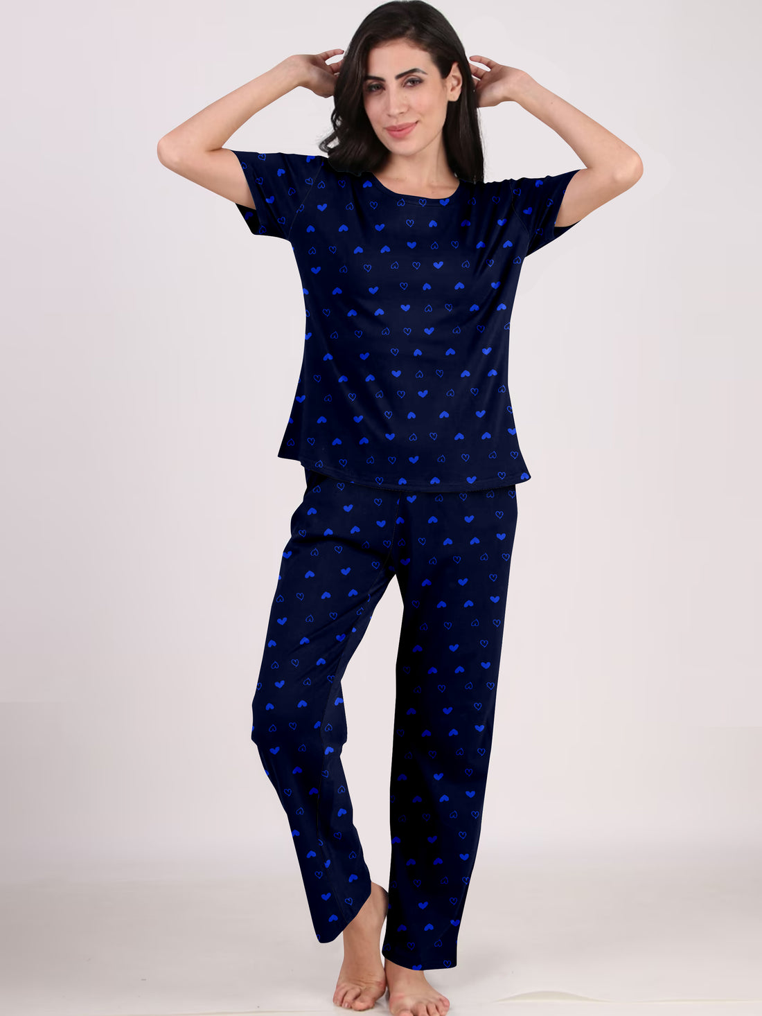 Women's And Girl's Cotton Heart Printed Navy Blue Night Suit Set of T-Shirt & Pyjama.