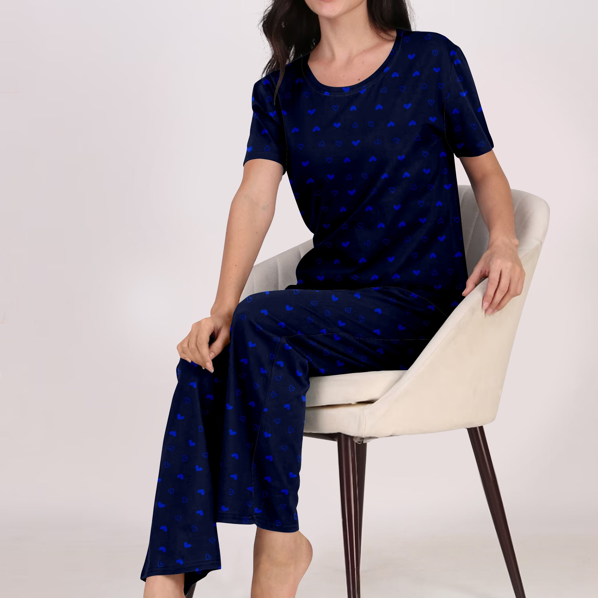 Women's And Girl's Cotton Heart Printed Navy Blue Night Suit Set of T-Shirt & Pyjama.