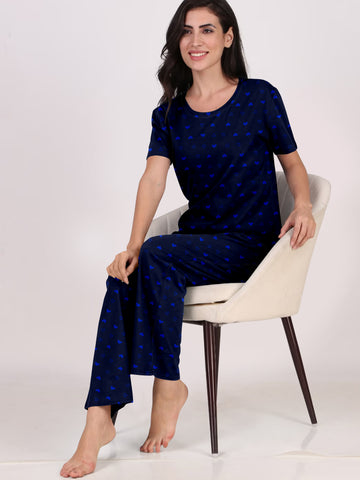 Women's And Girl's Cotton Heart Printed Navy Blue Night Suit Set of T-Shirt & Pyjama.