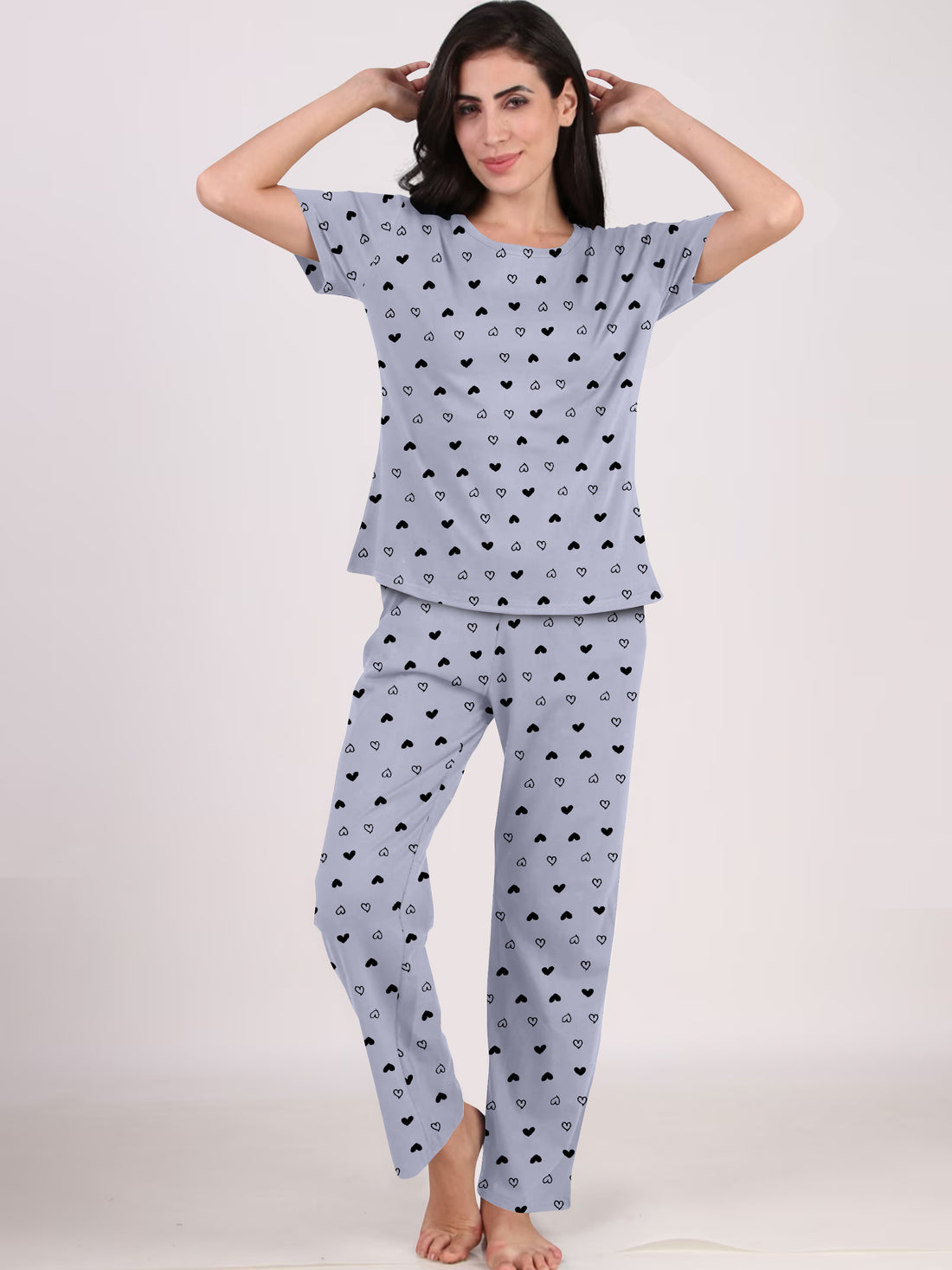 Women's And Girl's Cotton Heart Printed Grey Night Suit Set of T-Shirt & Pyjama.
